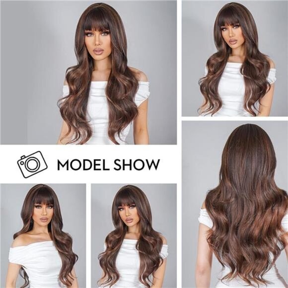 Women Cosplay Daily Natural Hair Wig Heat Resistant Fiber - Brown Mixed Highligh main image 6
